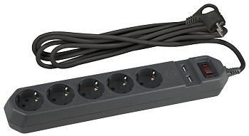ЭРА USF-5es-1.5m-USB-B Черный Сетевой фильтр базовая защита, с/з, с выкл, 5гн+2USB, 1,5м, ПВС, 10А