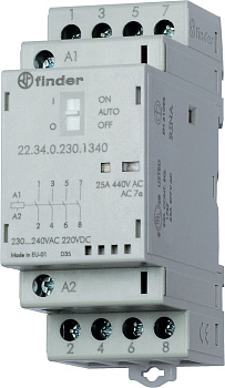 Finder Модульный контактор; 4NO 25А; контакты AgSnO2; катушка 24В АС/DC; ширина 35мм; степень защиты IP20; опции: мех.индикатор + LED
