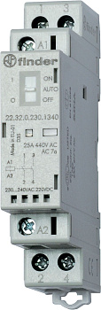 Finder Модульный контактор; 2NO 25А; контакты AgSnO2; катушка 230В АС/DC; ширина 17.5мм; степень защиты IP20; опции: переключатель Авто-Вкл-Выкл + мех