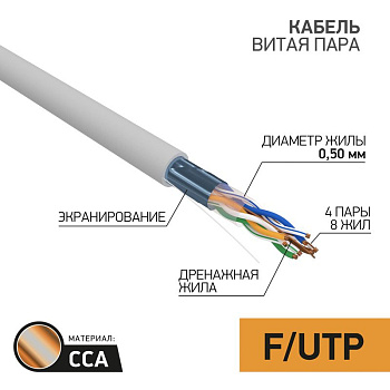 PROconnect Кабель FTP 4PR 24AWG, CCA, CAT5e, PVC, серый, бухта 50 м