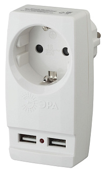 ЭРА SP-1e-USB-W Белый Адаптер Polynom 1гн 220V + 2xUSB 2100mA, c заземлением