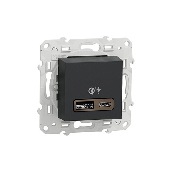 SE Unica New Антрацит Розетка быстрая зарядка USB, 2-местная, тип А+С, 18 Вт