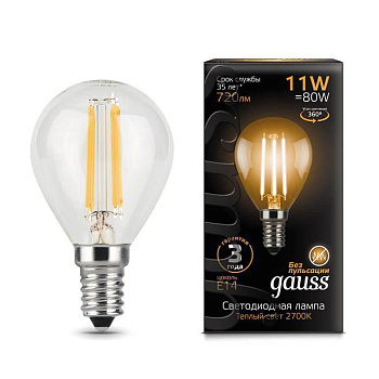 Лампа светодиодная филаментная Gauss E14 11W 2700К прозрачная 105801111