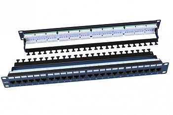 Hyperline PP3-19-24-8P8C-C6-110D Патч-панель 19, 1U, 24 порта RJ-45, категория 6, Dual IDC, ROHS, цвет черный (задний кабельный организатор в комплек
